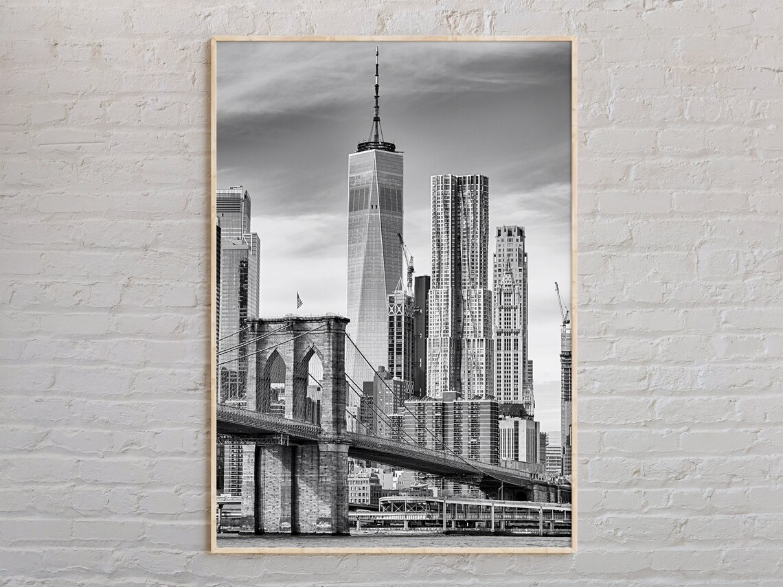 New York Brooklyn Bridge And One World Trade Center Black White Photo Poster