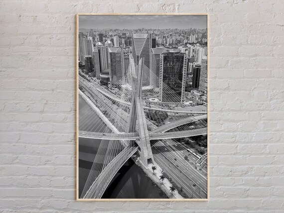 Sao Paulo Cable Stayed Bridge Aerial Black White City Poster