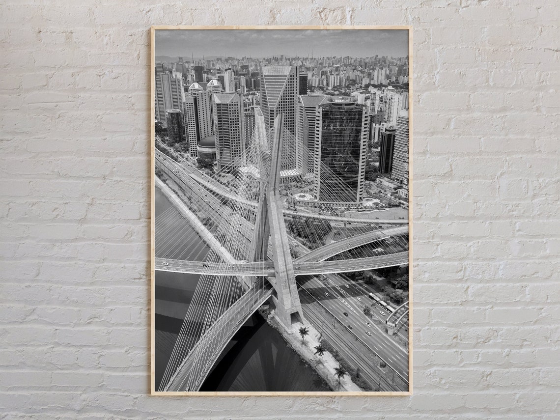 Sao Paulo Cable Stayed Bridge Aerial Black White City Poster