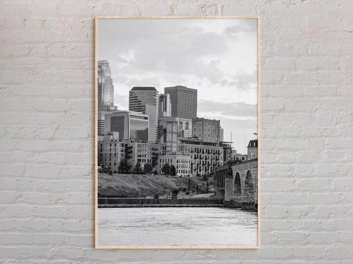 Black and White Minneapolis Stone Arch Bridge Skyline Poster