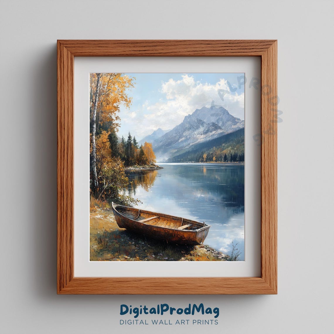 Autumn Lake Rowboat Painting Rustic Mountain Landscape Art Print