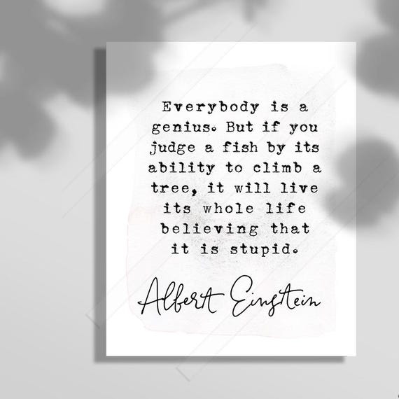 Albert Einstein Inspirational Quote, Fish And Tree Art Print