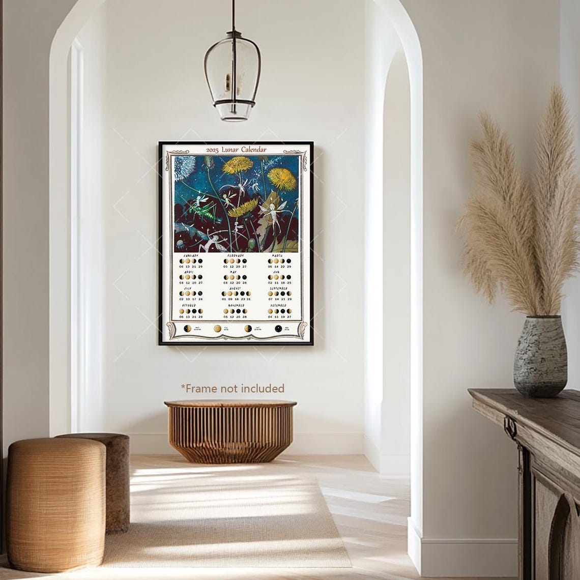 2025 Lunar Calendar Moon Phases Fairy Dandelion Vintage Art Poster - Image 2