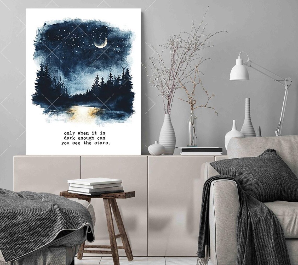 Dark Enough To See The Stars Quote Print Starry Night Lake Watercolor Forest Art - Image 3