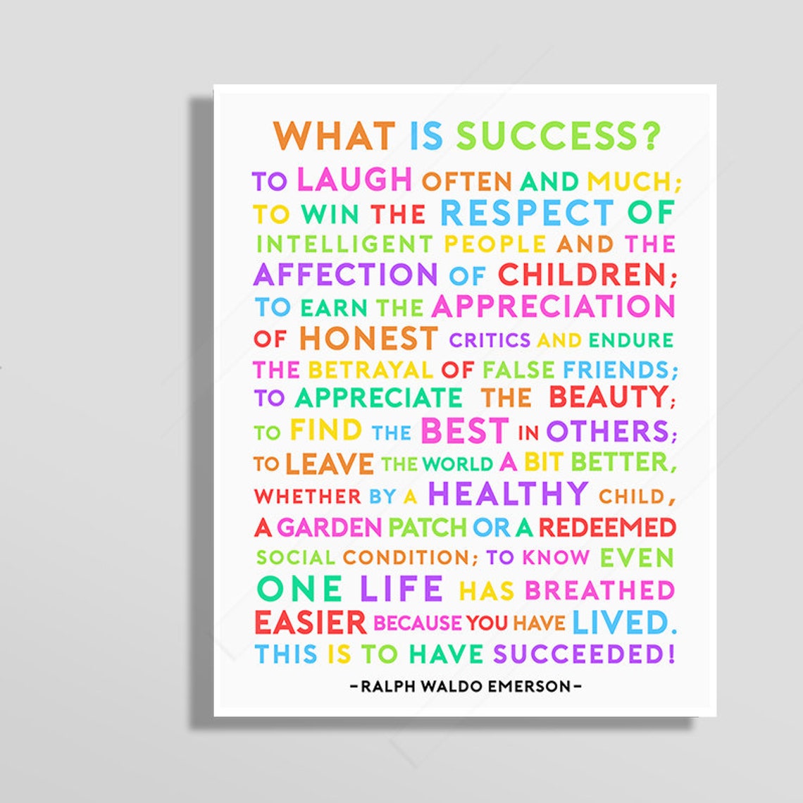 Ralph Waldo Emerson What Is Success Rainbow Letter Typography Poster
