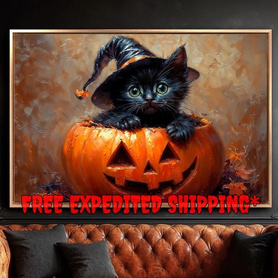 Halloween Black Kitten Framed Wall Art Pumpkin And Witch Hat Painting Print Cute Cat Decor Gift Ready To Hang Fast Shipping Free