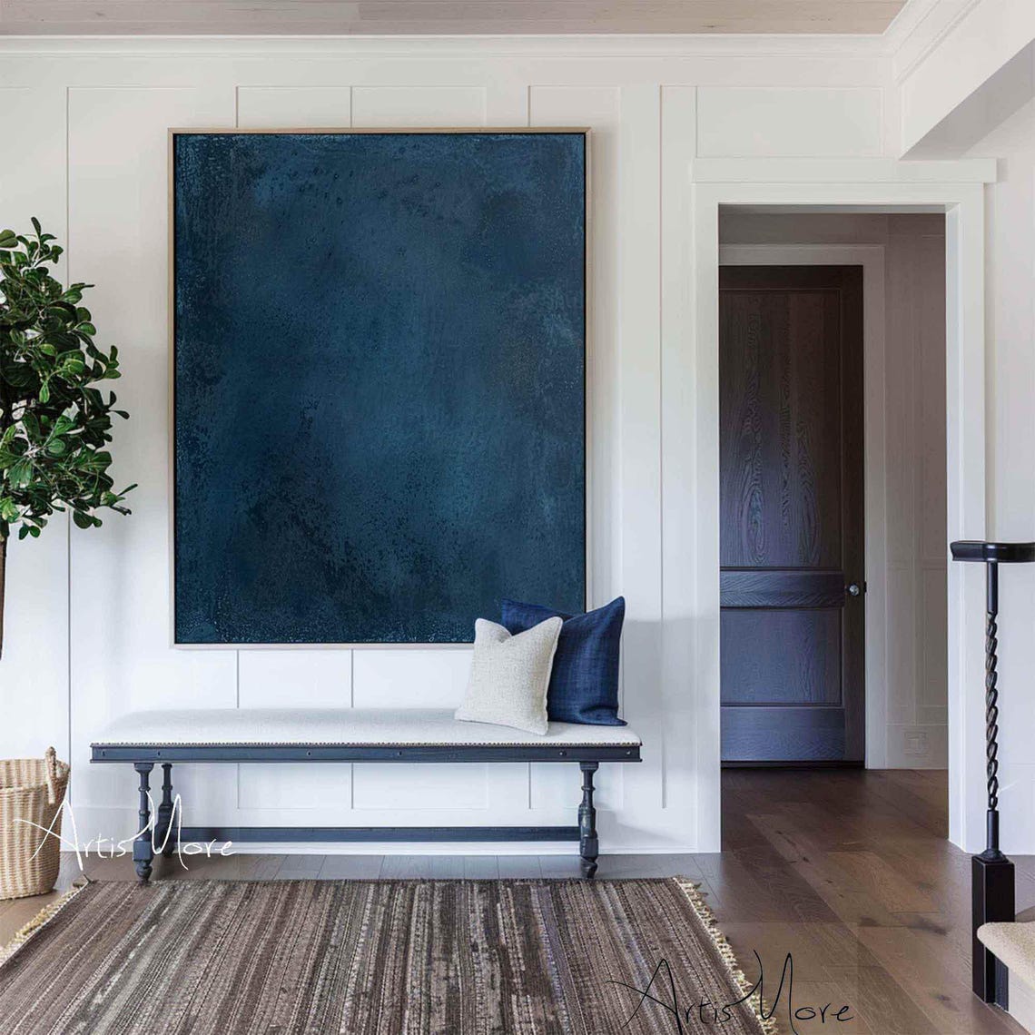 Midnight Navy Blue Minimalist Abstract Texture Large Canvas Poster - Image 4
