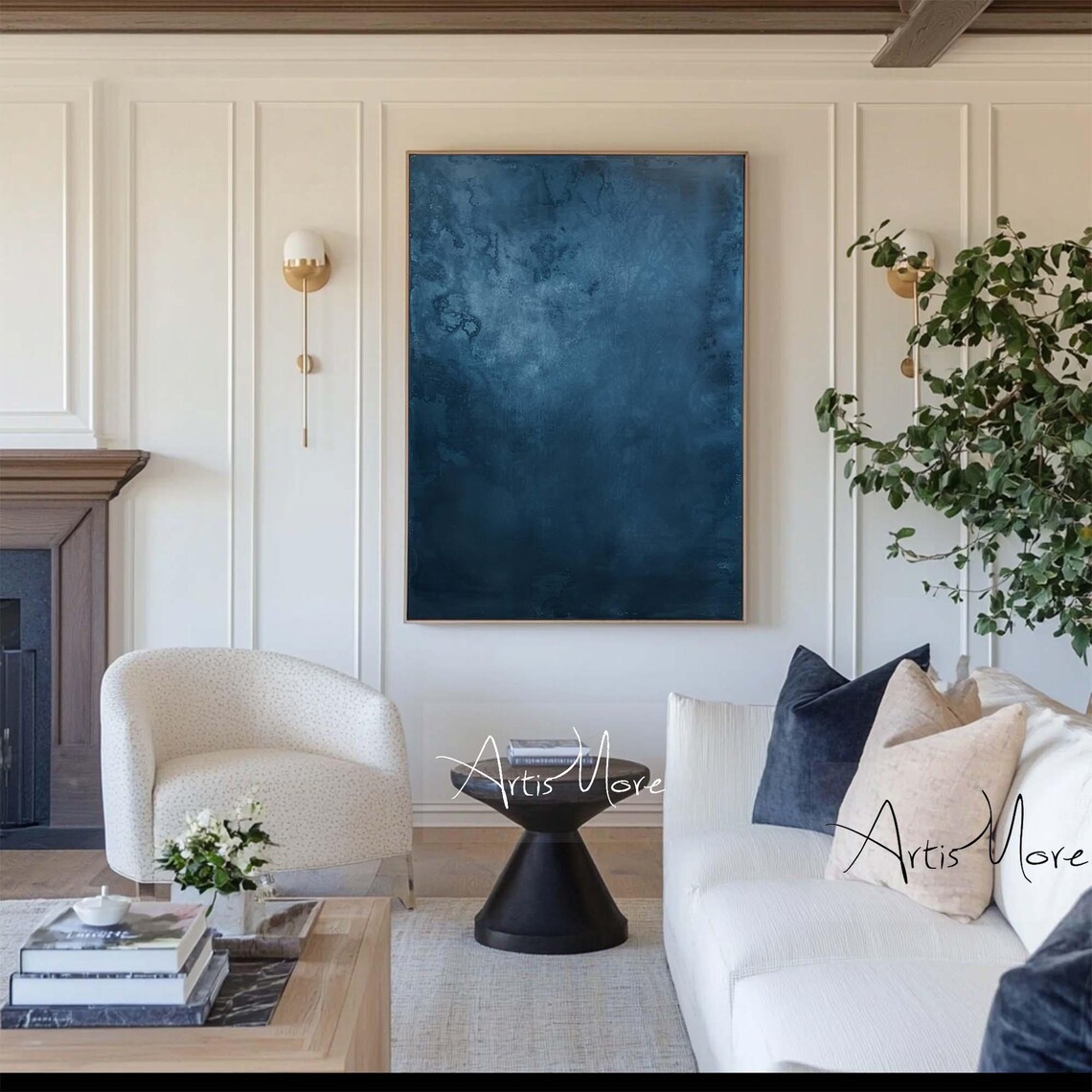 Deep Navy Blue Abstract Texture Painting Dark Midnight Modern Minimalist Wall Art - Image 2