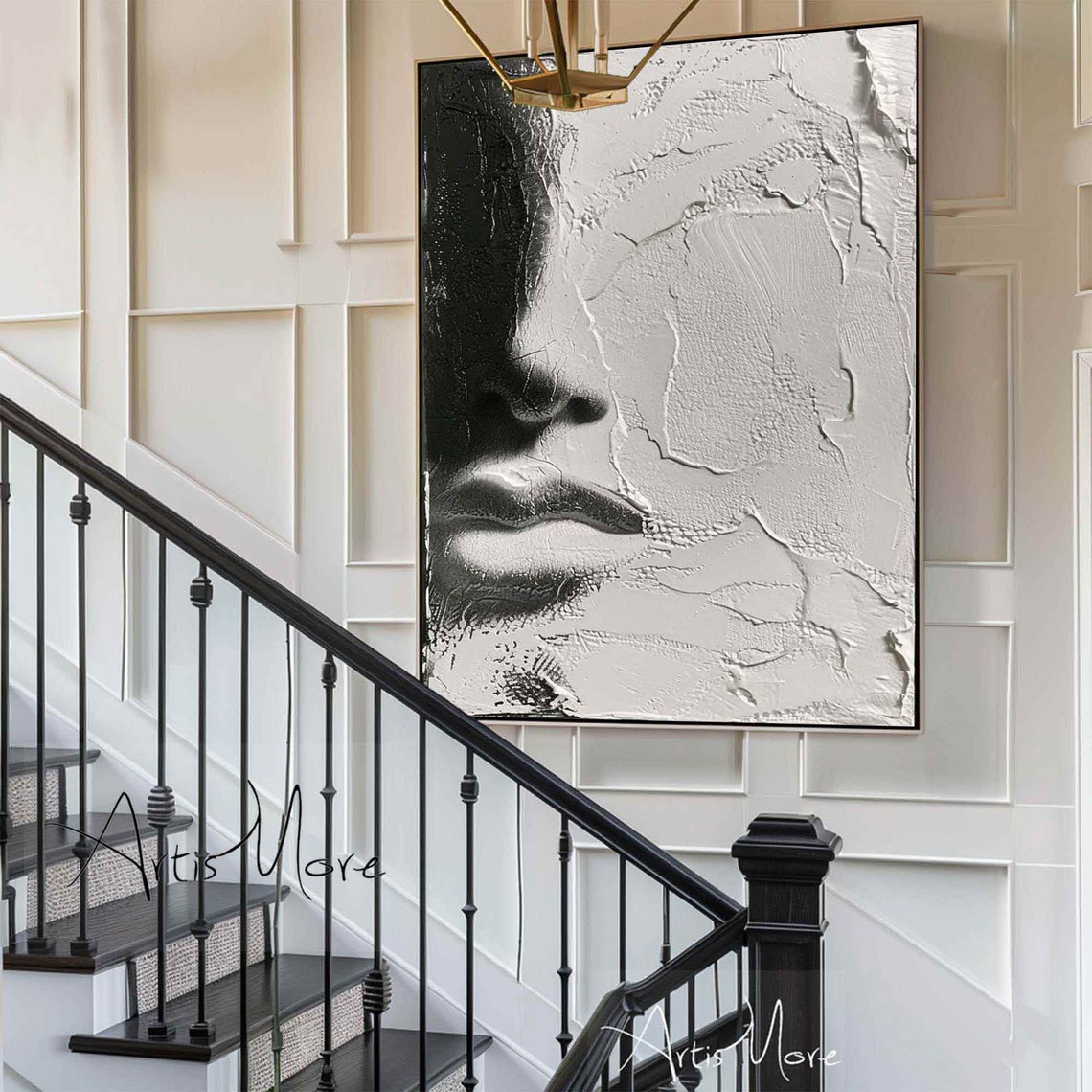 Black White Woman Face Painting Abstract Portrait Wall Art Female Woman Figure Painting Modern Texture Painting Contemporary Wall Art Decor - Image 2