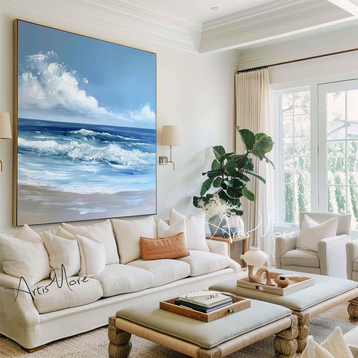 Ocean Wave Painting Blue Sky White Clouds Foamy Surf Beach Wall Art - Image 3