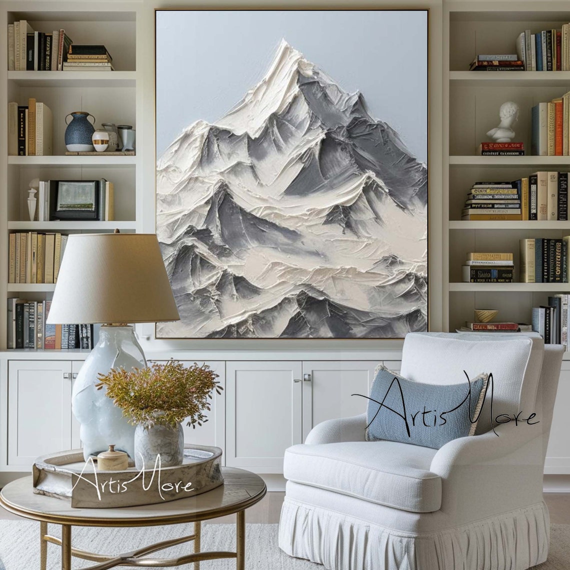 Abstract Mountain Texture Painting On Large Blue Wall Art White 3d Snow Mountain Texture Wall Art Modern Living Room Wall Art Decor - Image 5