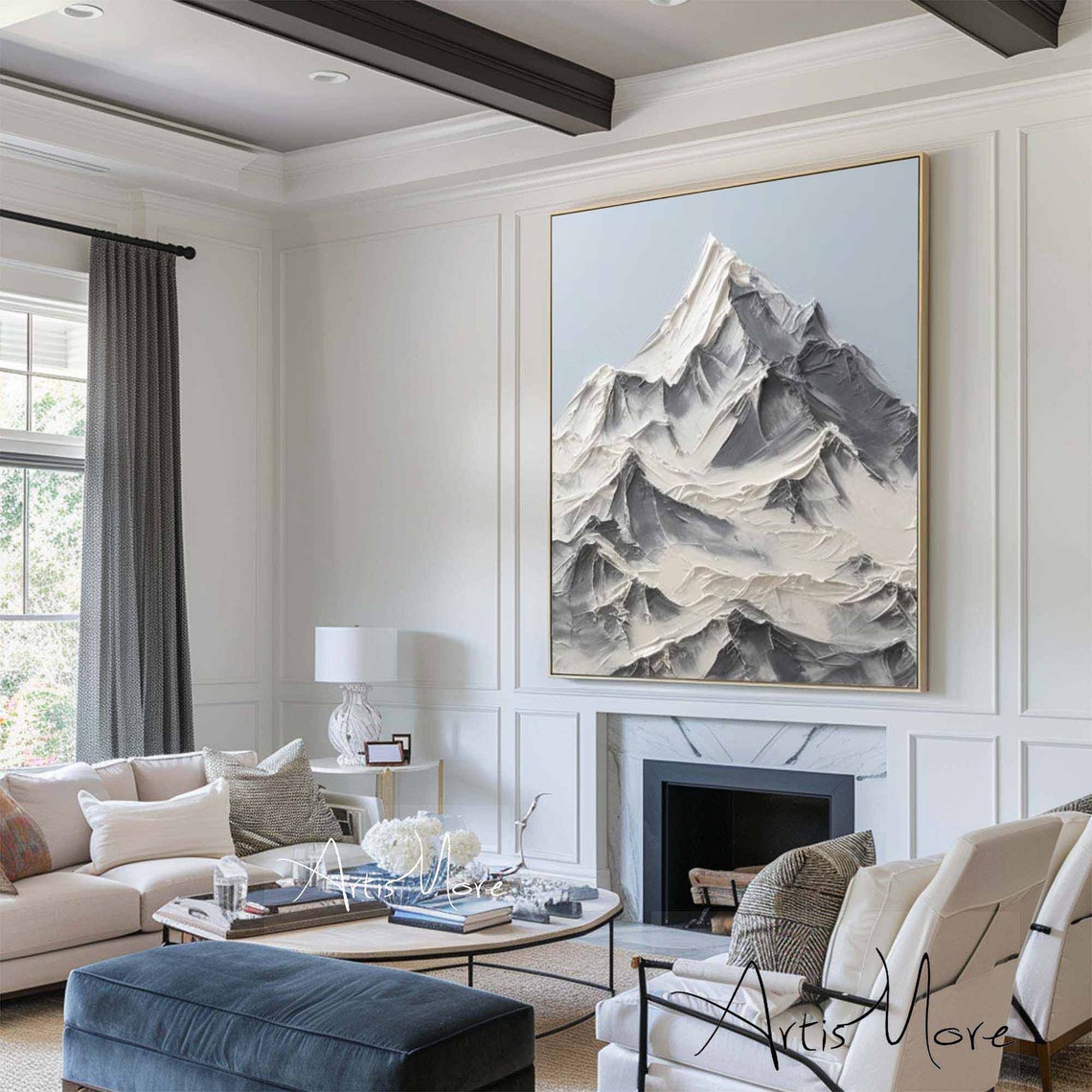 Abstract Mountain Texture Painting On Large Blue Wall Art White 3d Snow Mountain Texture Wall Art Modern Living Room Wall Art Decor - Image 4