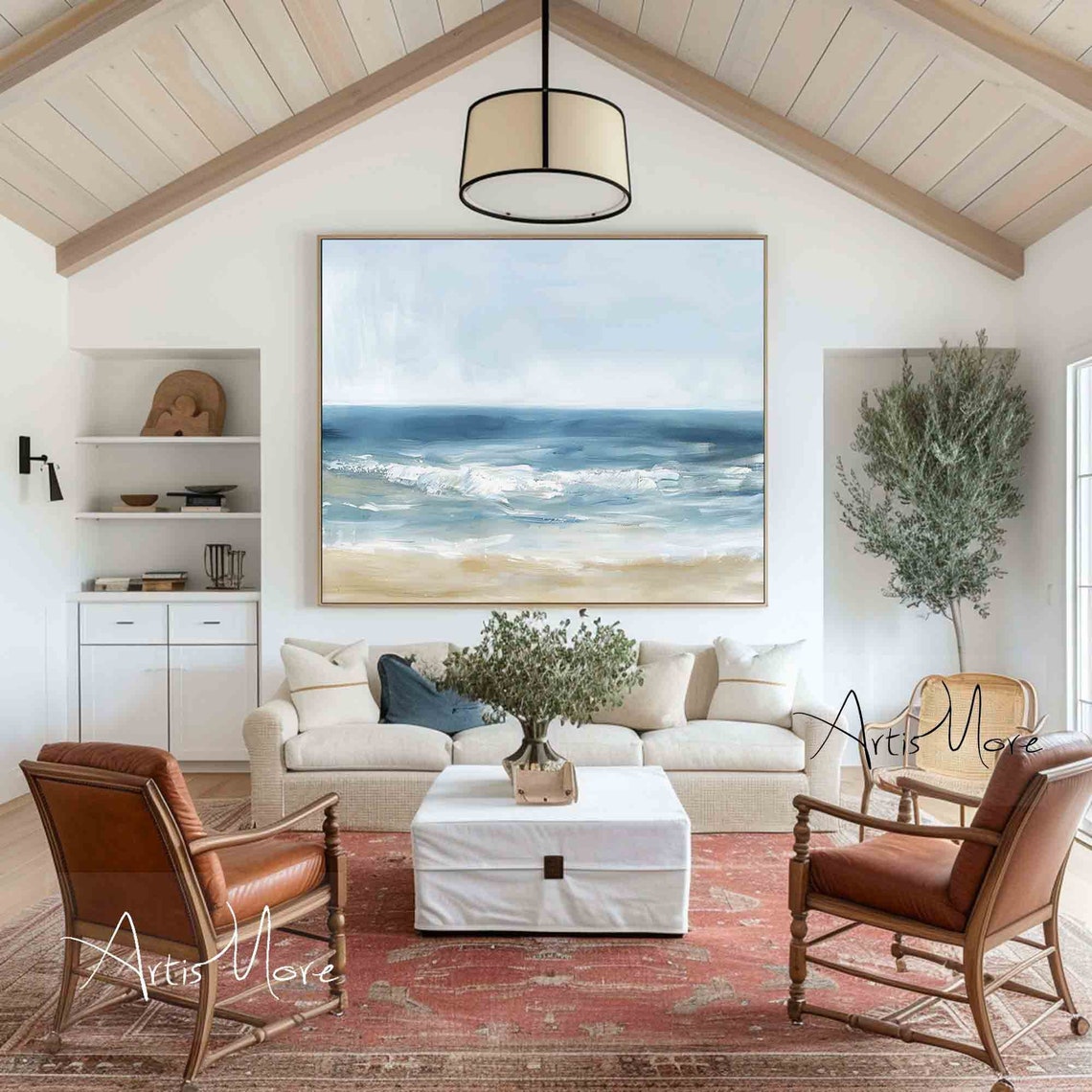 Calm Ocean Beach Painting Soft Blue Waves Sandy Shore Coastal Wall Art - Image 2