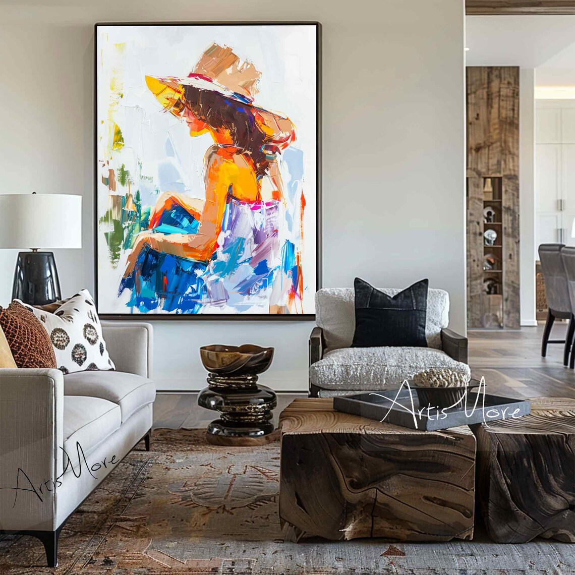 Minimalsit Figure Wall Art Colorful Woman Tan Skin Thick Texture Art Painting Summer Female Figure Painting Boho Living Room Wall Art Decor - Image 3