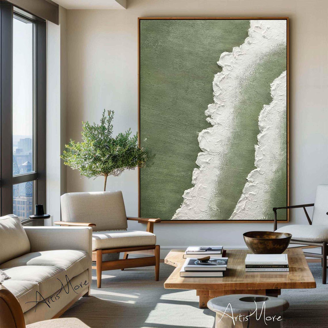 Sage Green Ocean Wave Texture Painting White Foam Minimalist Wall Art - Image 5