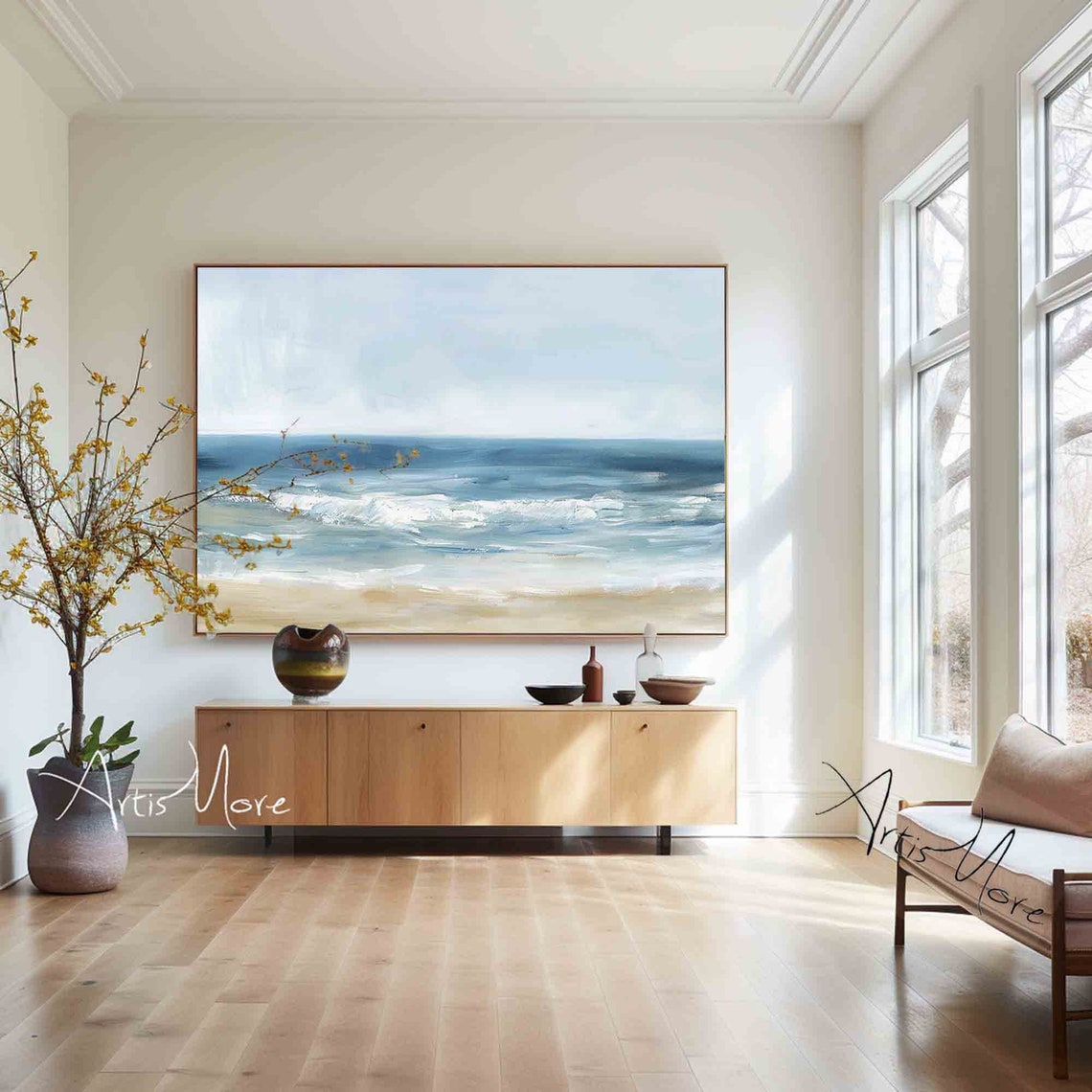 Calm Ocean Beach Painting Soft Blue Waves Sandy Shore Coastal Wall Art - Image 4