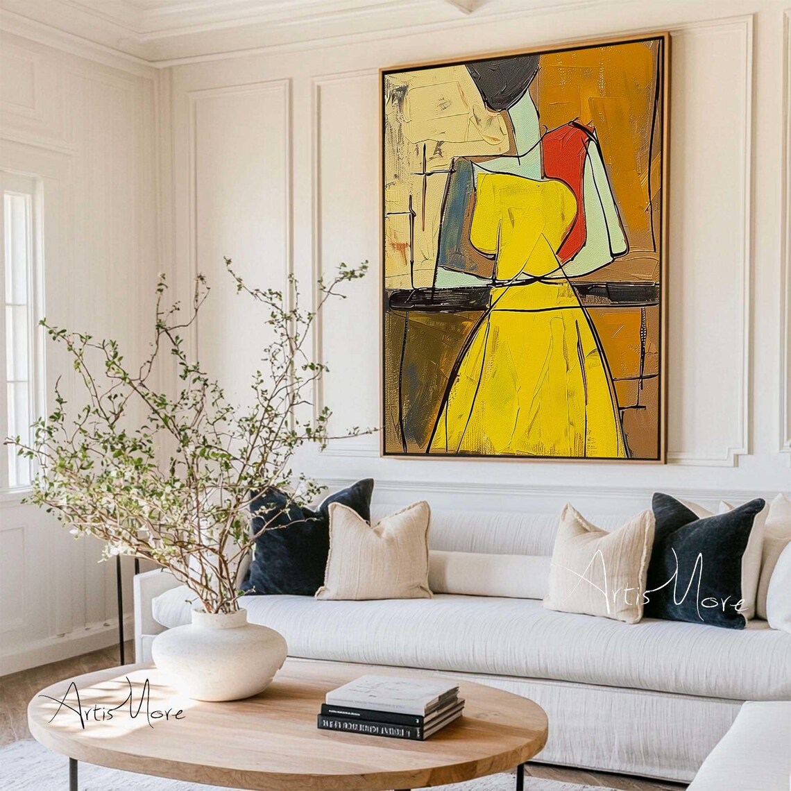 Abstract Woman Yellow Dress Elongated Golden Canvas Art Poster
