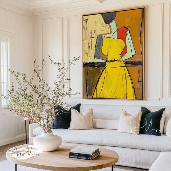 Abstract Woman Yellow Dress Elongated Golden Canvas Art Poster
