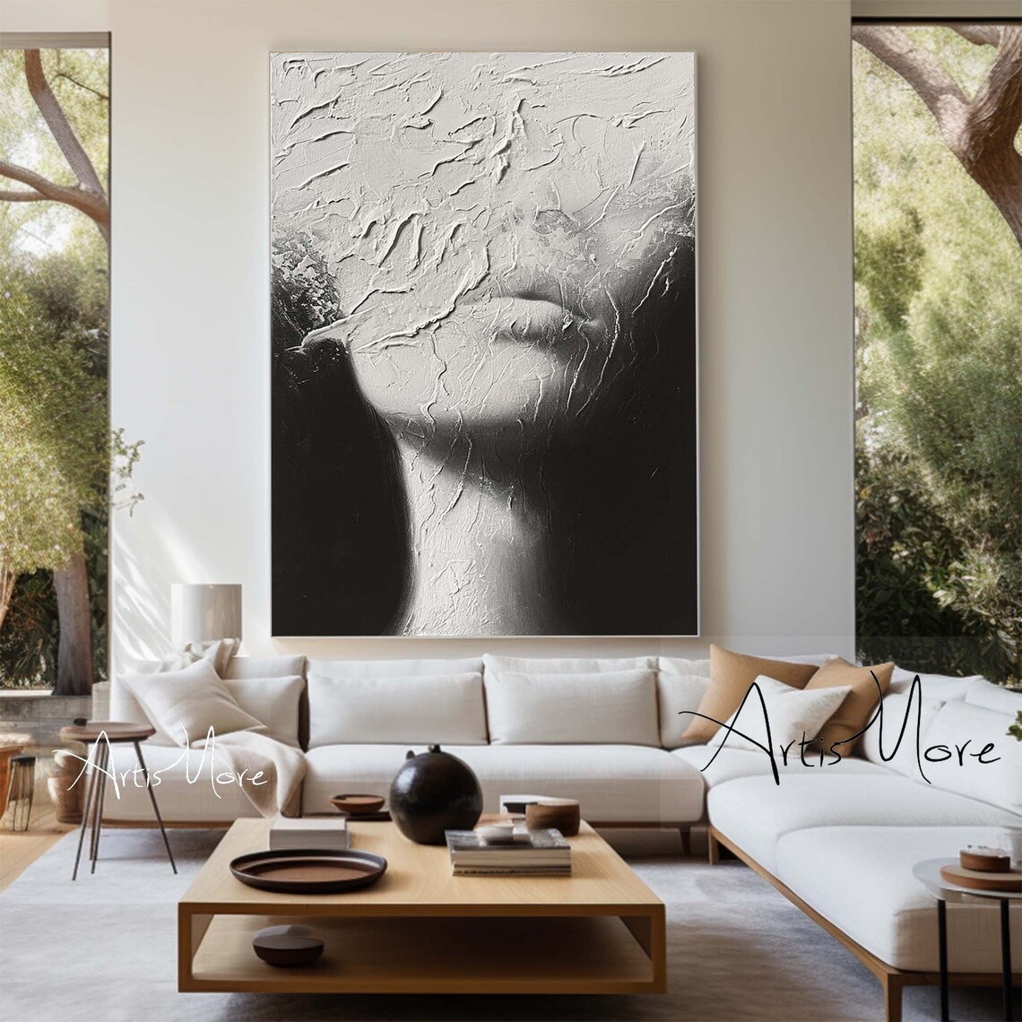 Black White Faceless Woman Portrait Texture Painting Modern Figure Art - Image 4
