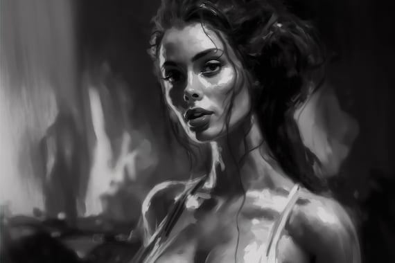 Monochrome Woman Portrait Painting Black And White Dramatic Poster