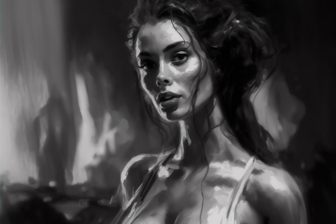Monochrome Woman Portrait Painting Black And White Dramatic Poster