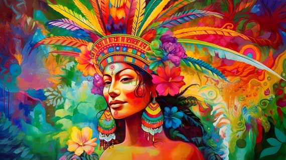 Attractive Mayan Woman With Feather Crown Indigenous Wall Art Decoration Mural Oil Home
