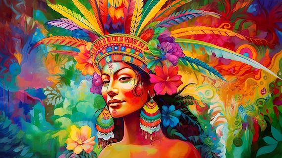 Colorful Feather Headdress Woman Tropical Celebration Art Print