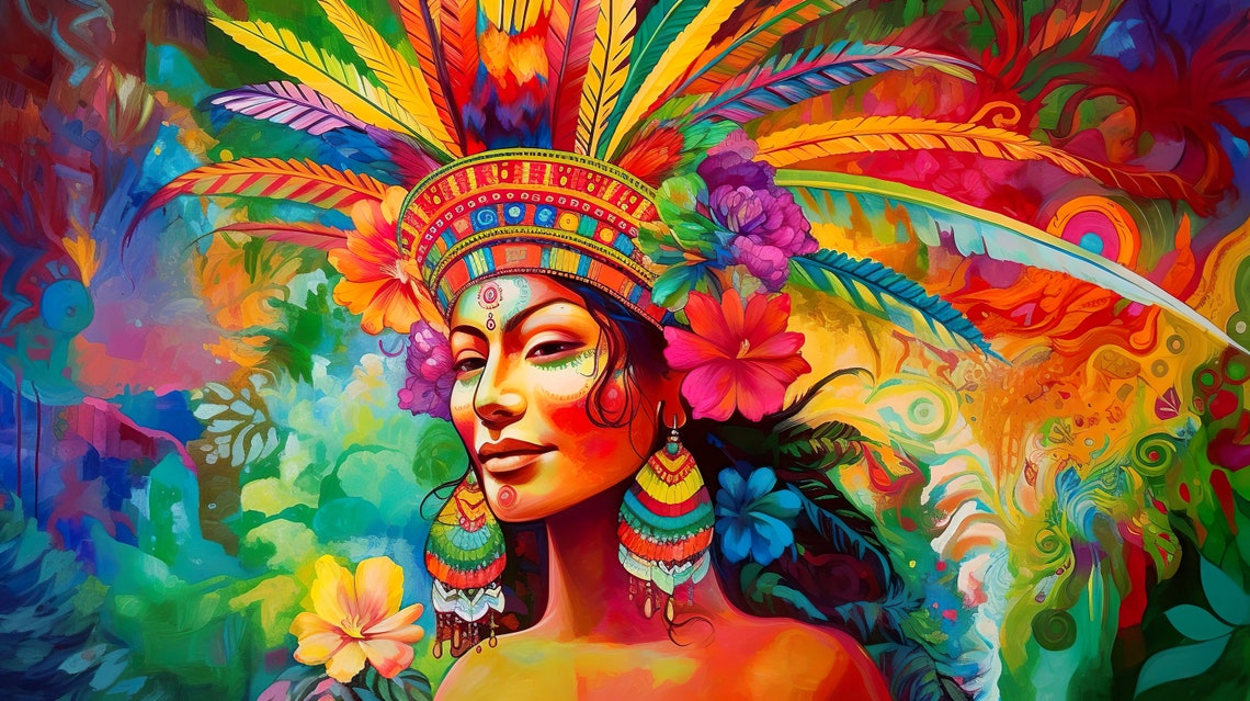 Colorful Feather Headdress Woman Tropical Celebration Art Print