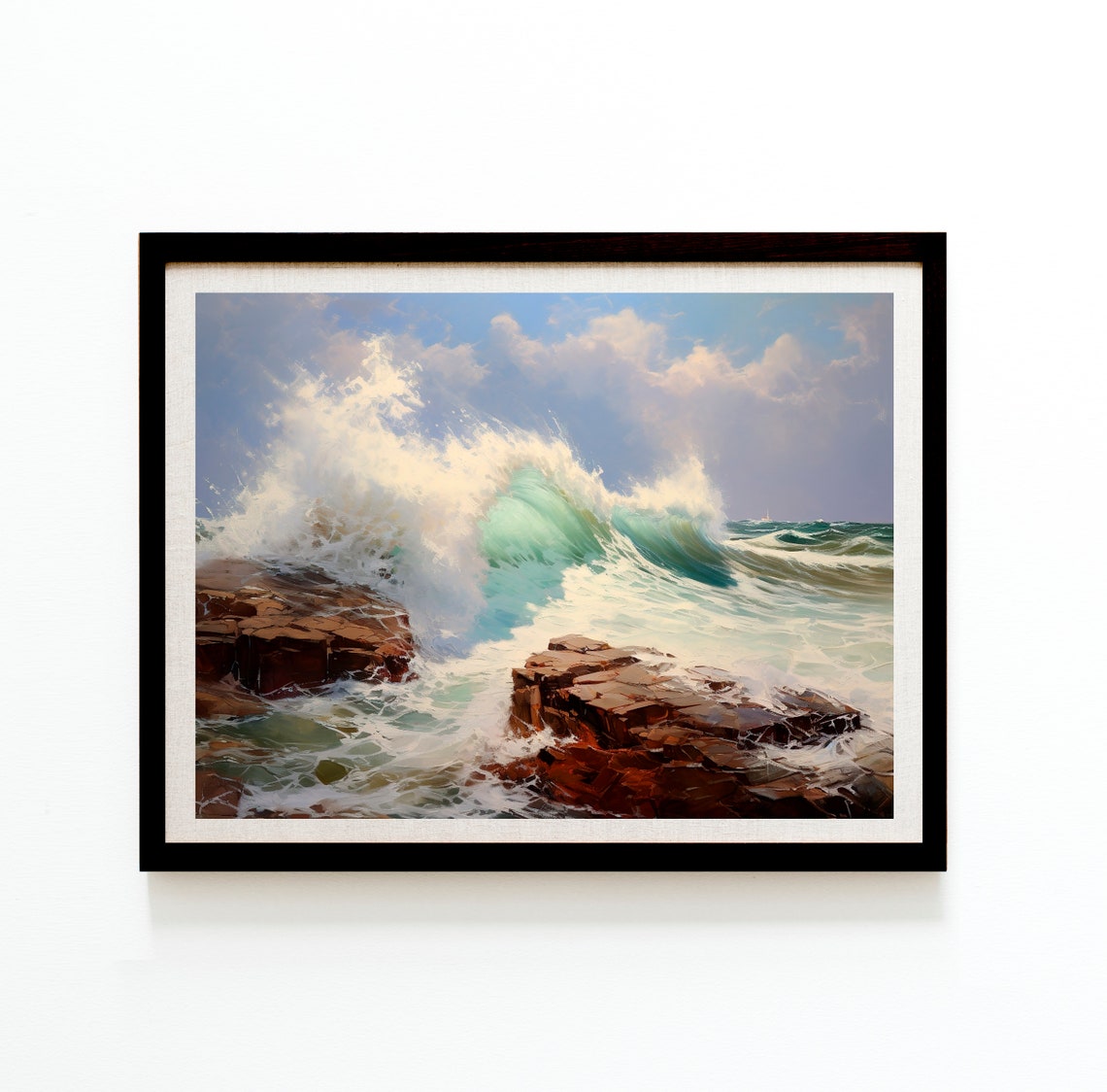 Ocean Wave Crashing On Rocky Shore Dramatic Seascape Oil Poster