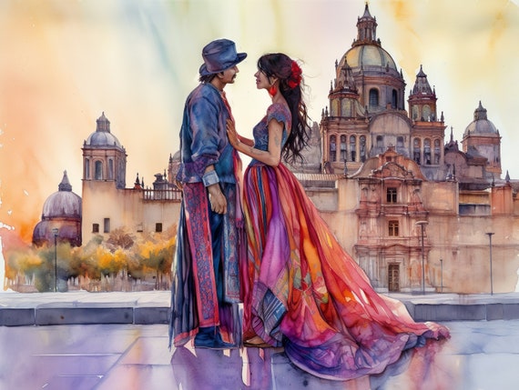 Couple In Love Mexico Front Of A Cathedral Wall Art Decoration Mural Church Watercolor Fashion Drawing