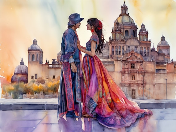 Mexican Couple In Love Cathedral Watercolor Romantic Art Poster