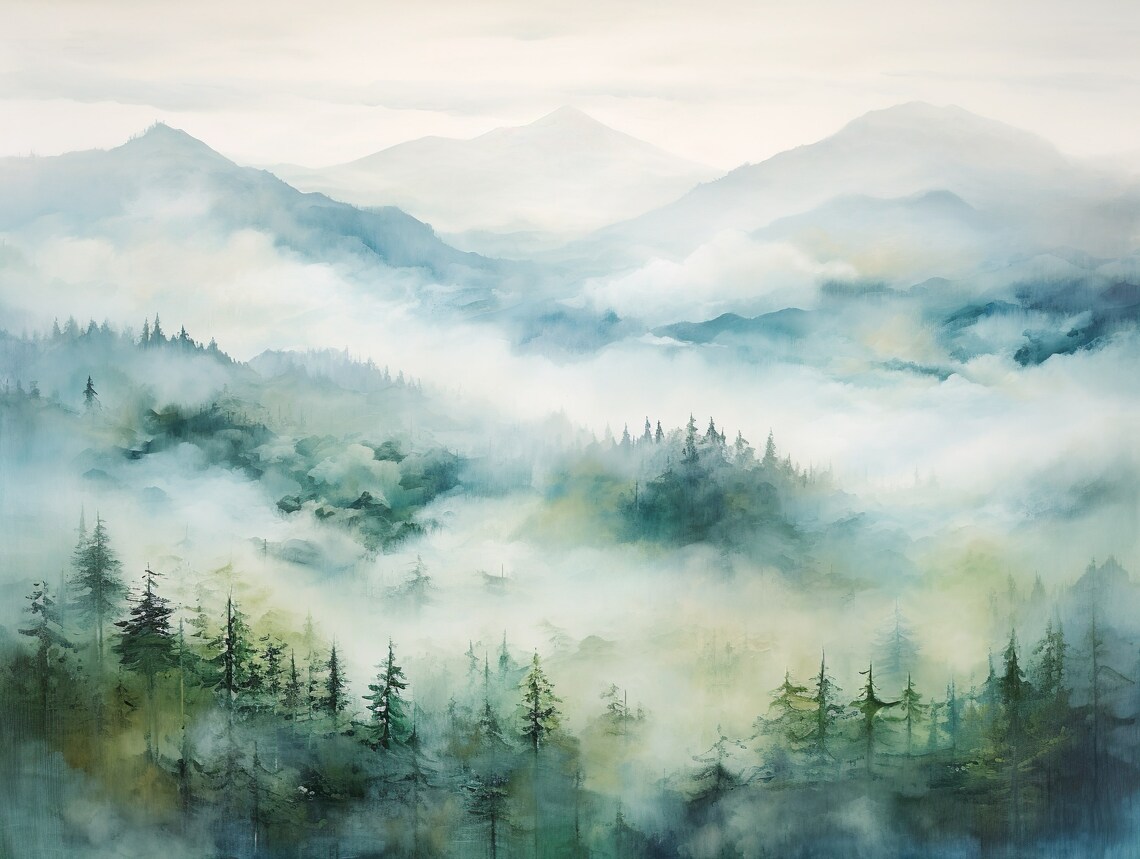 Foggy Black Forest Misty Mountains Watercolor Landscape Poster
