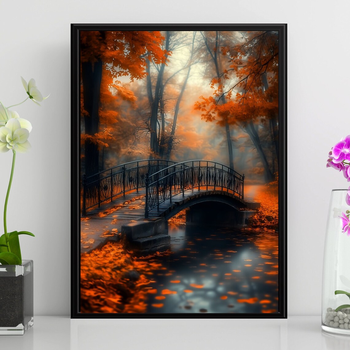 Misty Autumn Forest Iron Bridge Orange Maples Fall Landscape Wall Poster