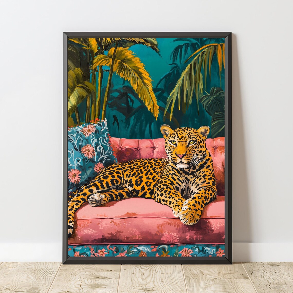Leopard Lounging Pink Velvet Couch Tropical Palms Maximalist Jungle Animal Art Print