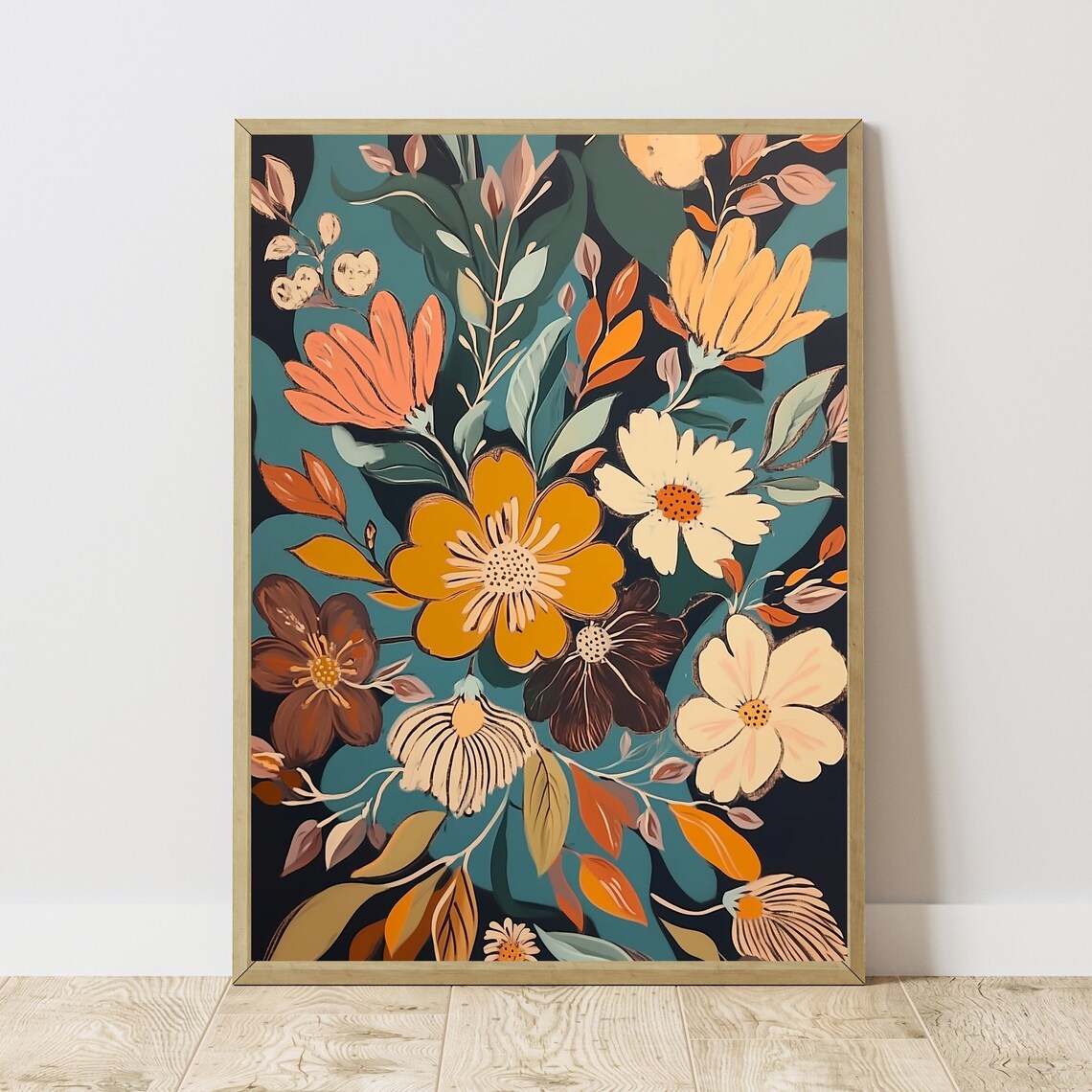 Retro Orange Gold Botanical Flowers Teal Midcentury Floral Art Poster