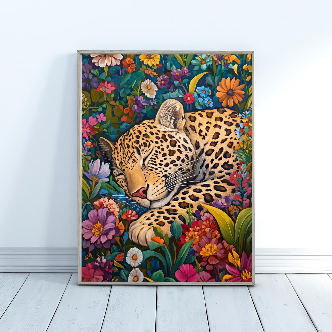 Sleeping Leopard Tropical Flower Garden Maximalist Jungle Animal Art Poster