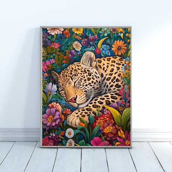 Sleeping Leopard Tropical Flower Garden Maximalist Jungle Animal Art Poster