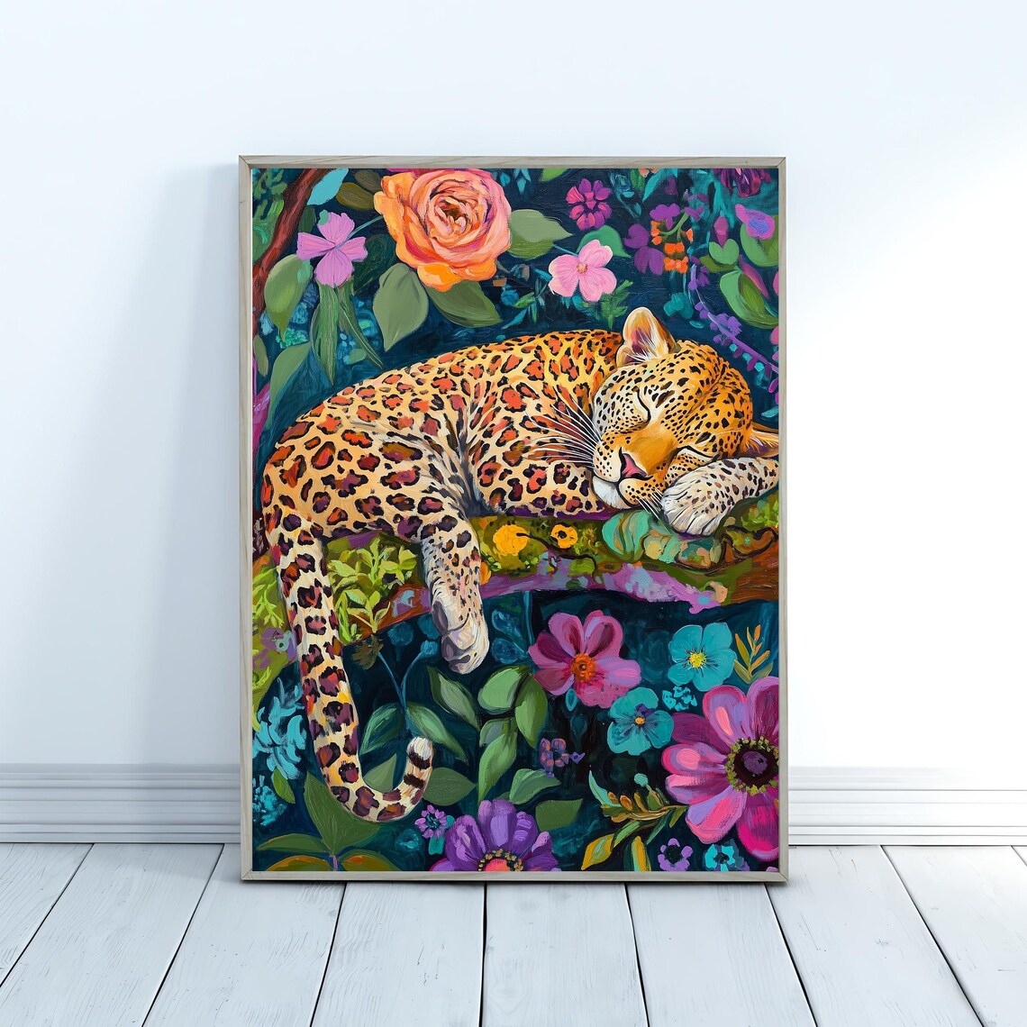 Leopard Sleeping Branch Vivid Jungle Flowers Maximalist Animal Art Poster