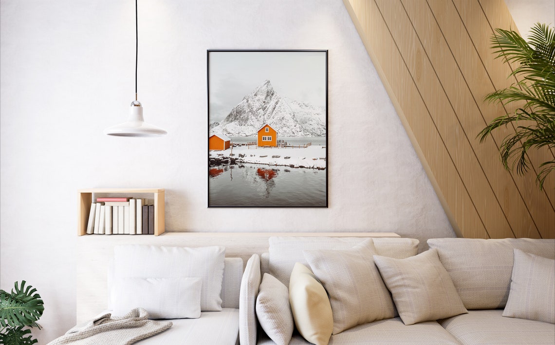 Norway Red Cabin Snow Mountain Fjord Winter Landscape Photo Poster - Image 2