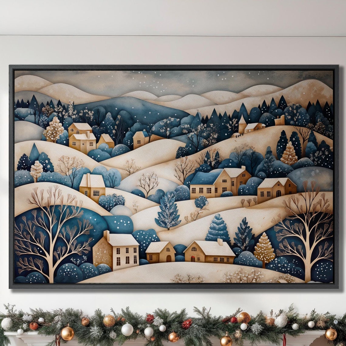 Winter Village On Snowy Hillside Navy And Cream Folk Art Poster