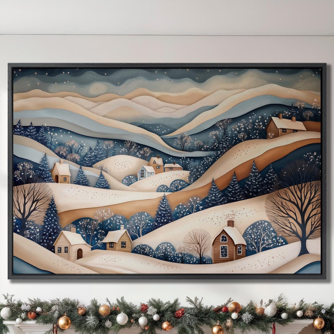 Snowy Winter Village Rolling Hills Navy Gold Christmas Poster