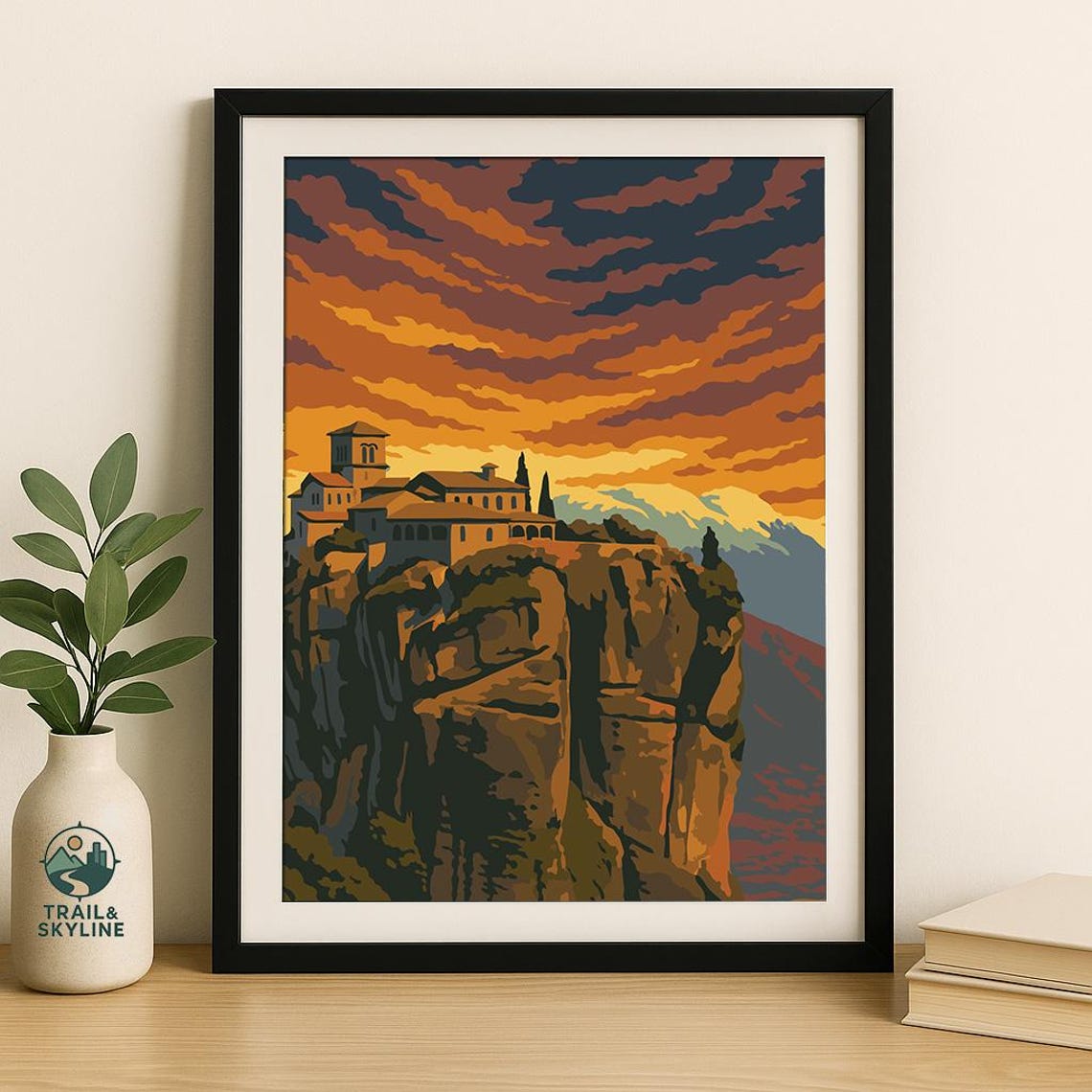 Meteora Greece Rock Monastery Cliff Sunset Vintage Travel Poster