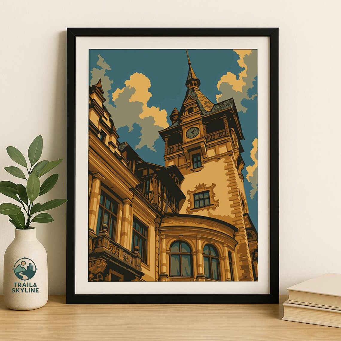 Peles Castle Romania Clock Tower Vintage Illustration Travel Poster