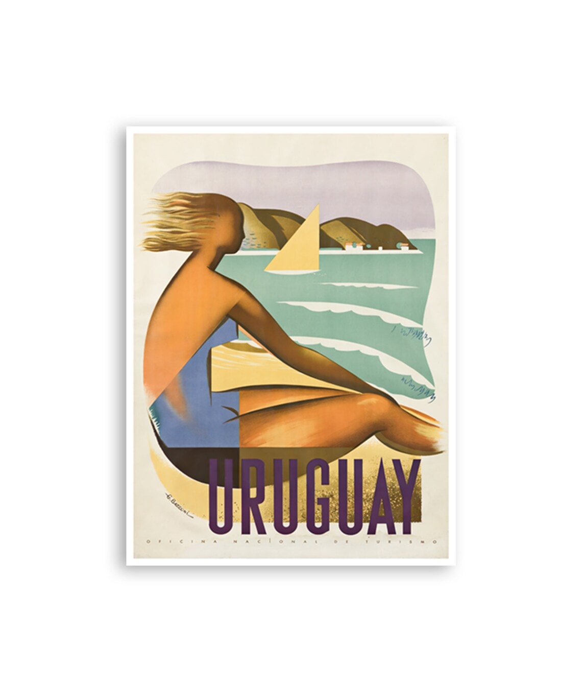 Uruguay Tourism Vintage Beach Girl Sailboat Retro Travel Poster