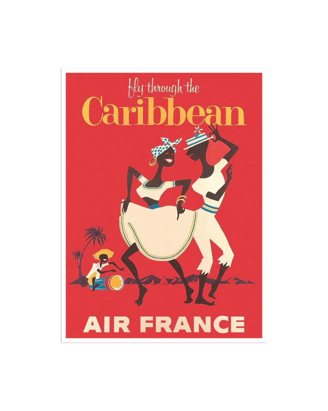 Air France Fly Through the Caribbean Dancers Red Vintage Poster