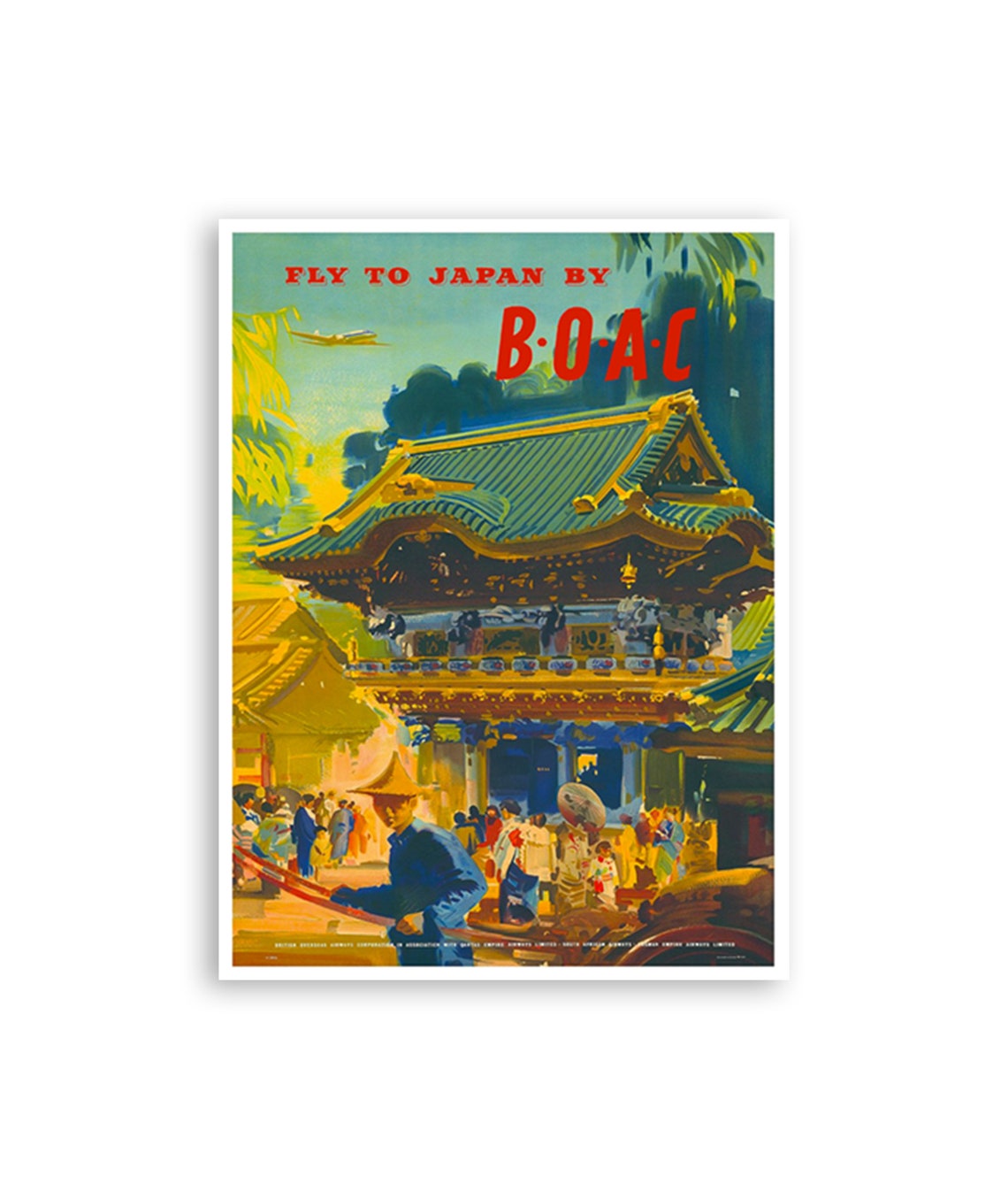 Fly to Japan by BOAC Temple Gate Crowd Vintage Airline Poster