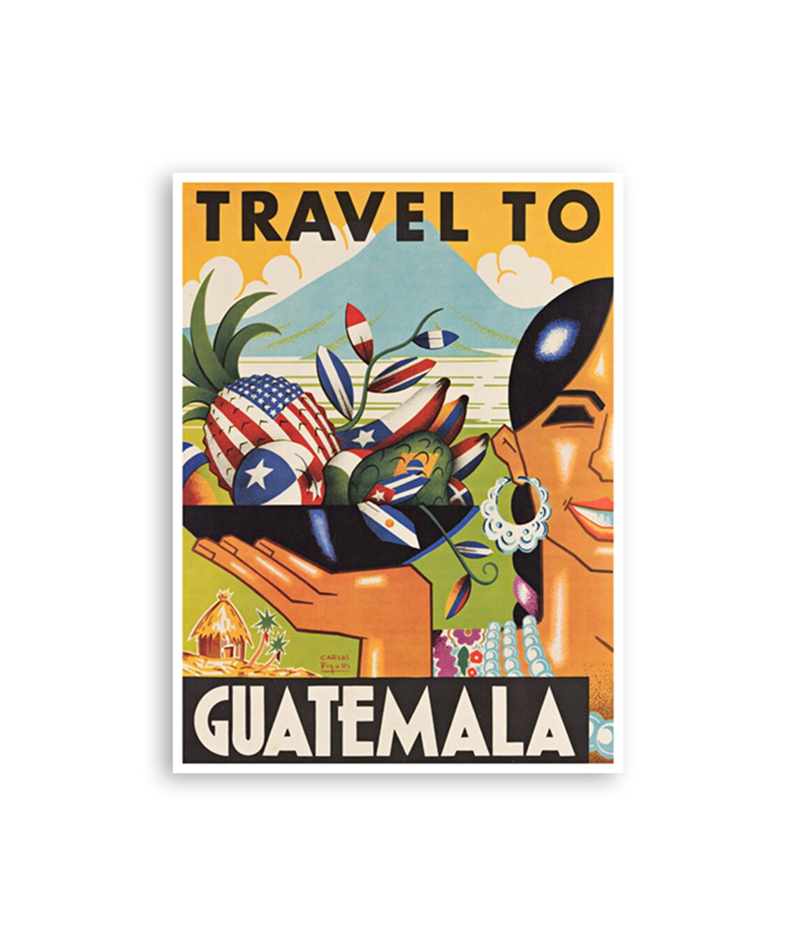 Guatemala Vintage Travel To Tropical Volcano Fruit Art Poster