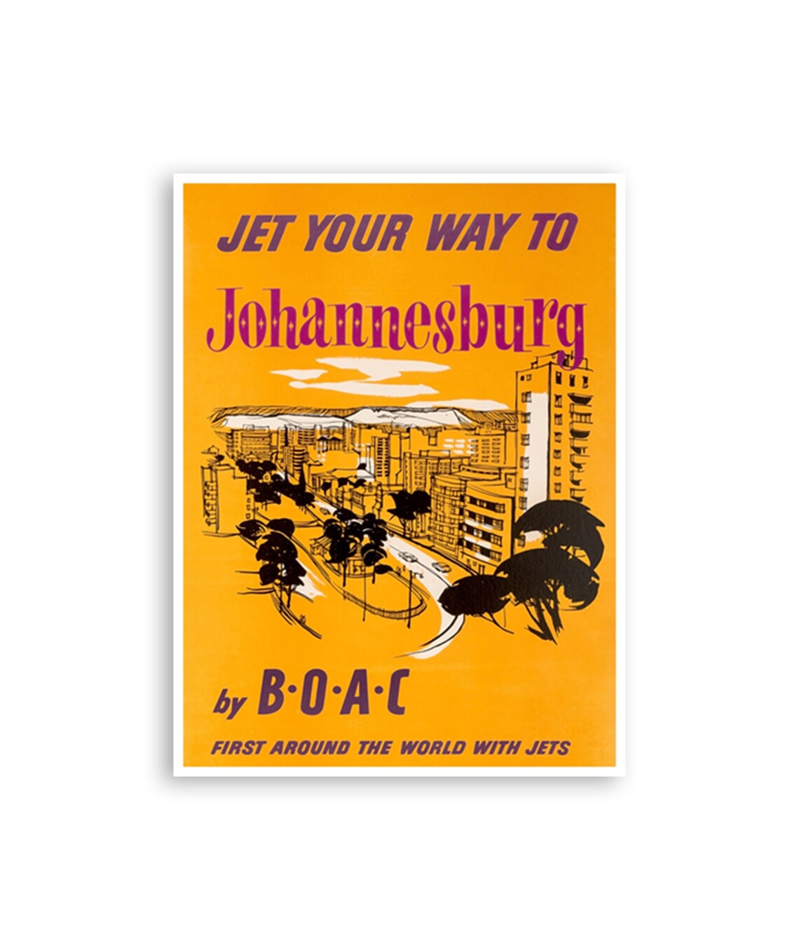 Johannesburg BOAC Jet Your Way Orange City Skyline Vintage Poster