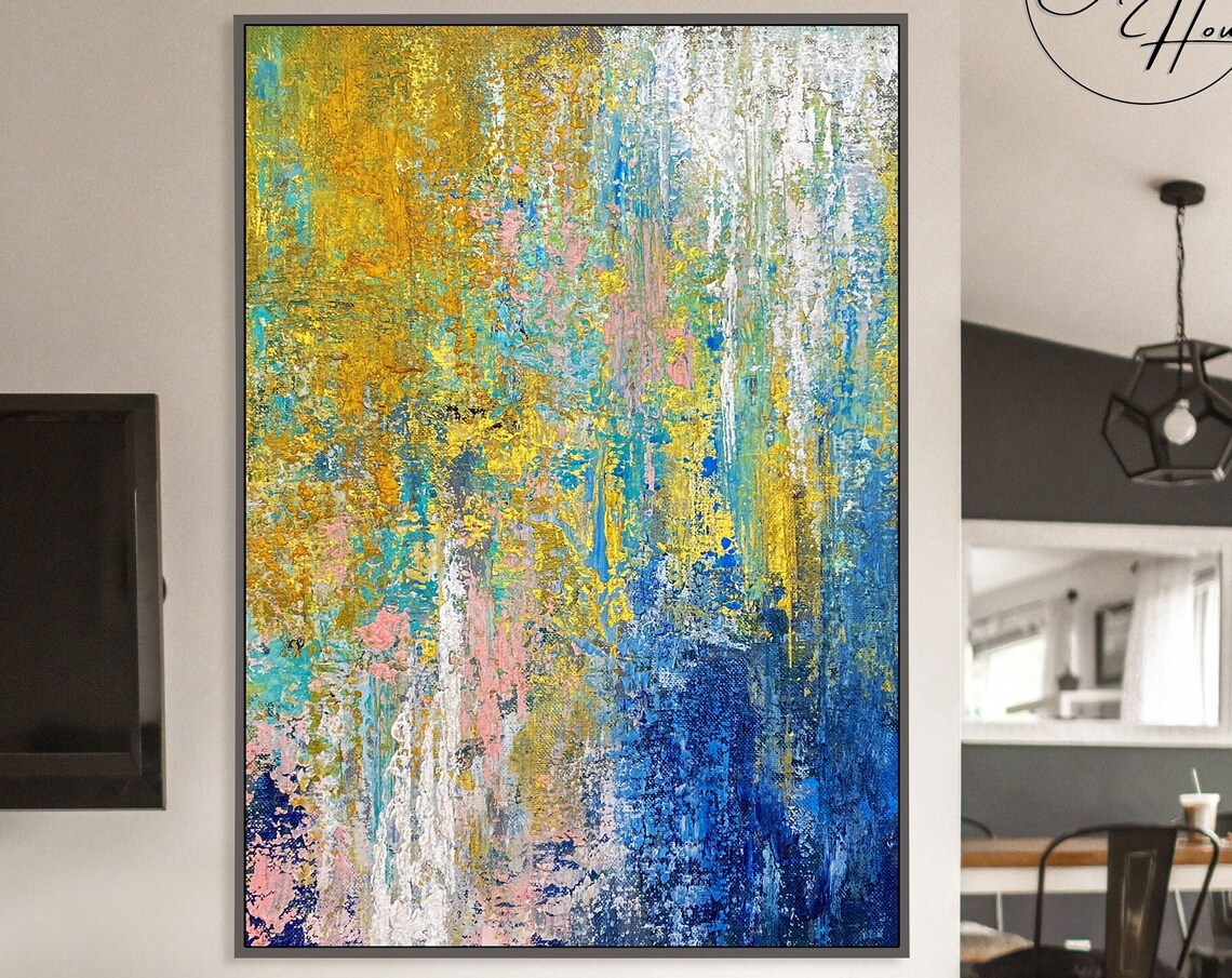Yellow Blue Abstract Painting, Palette Knife Art Print