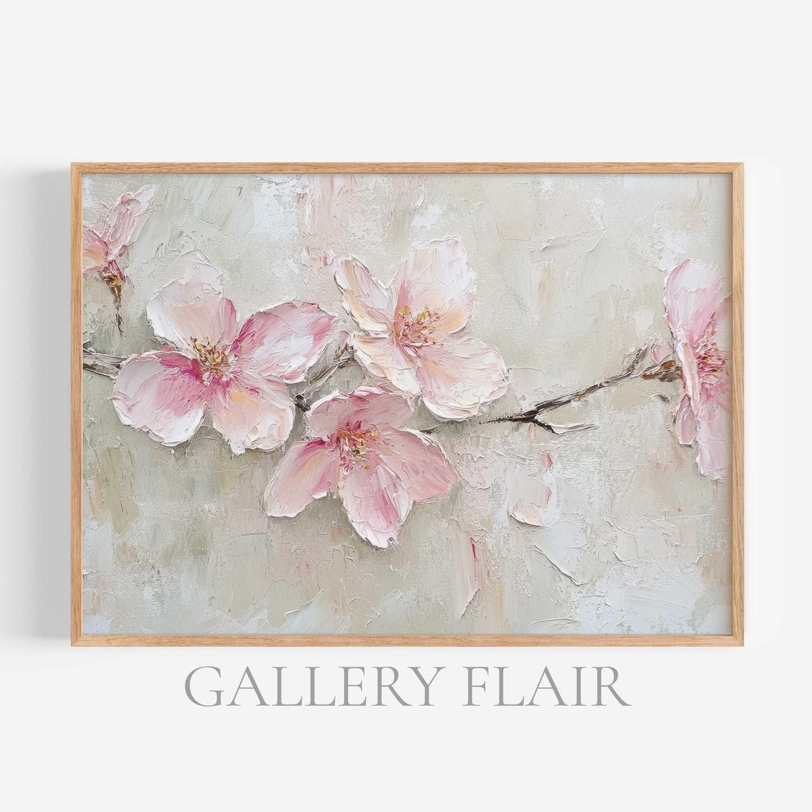 Pink Cherry Blossom Close Up Impasto Flower Painting Wall Art